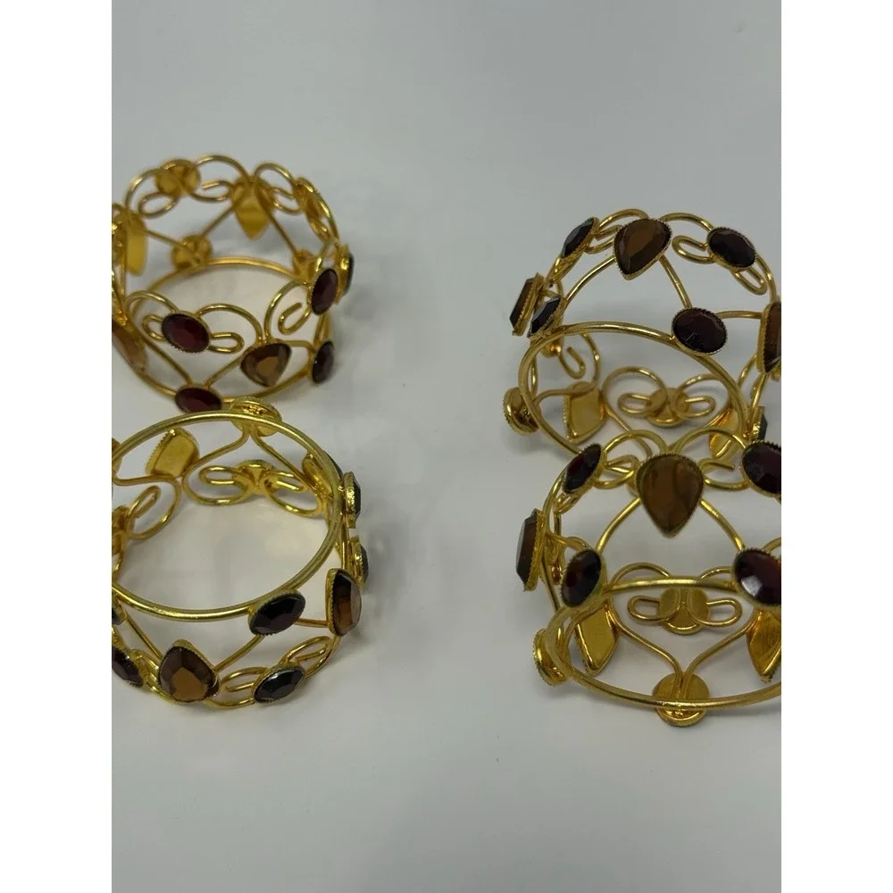 4 Pier One Imports Jeweled Napkin Rings Red & Amber Set In Gold Tone Metal